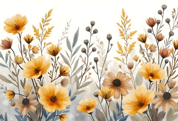 Colorful wildflowers in shades of yellow and gold create a vibrant display among green leaves under a bright sky. The scene captures the essence of springtime beauty and tranquility.