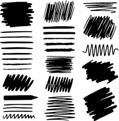 A collection of black scribbles and brush strokes arranged in various styles and patterns against a white background. Suitable for creative projects and design elements.