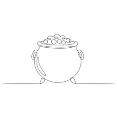 Minimalist Pot of Gold Line Art. Black and White Single Line Vector Icon of Lucky Leprechaun Cauldron for St. Patrick&rsquo;s Day Logo, Financial Success Branding, Irish Folklore Graphic, or Zen Wealth Icon