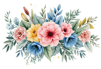 Beautifully arranged flowers including pink, yellow, and blue blooms surrounded by delicate green leaves create a stunning visual display perfect for decoration.