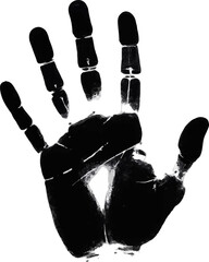 An open handprint reveals intricate details of the fingers and palm. The monochrome design highlights texture and structure in a striking contrast.