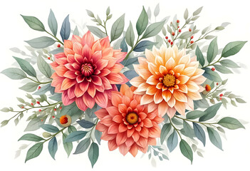 A vibrant arrangement of dahlia flowers showcases shades of coral, peach, and cream among lush green leaves, creating a cheerful and natural aesthetic ideal for decor.