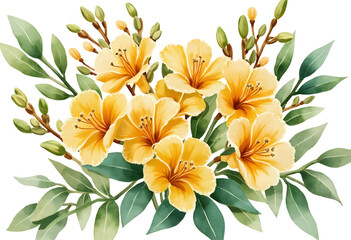 This arrangement features vibrant yellow flowers surrounded by fresh green leaves. Perfect for brightening up a space, the flowers showcase natural beauty and elegance.