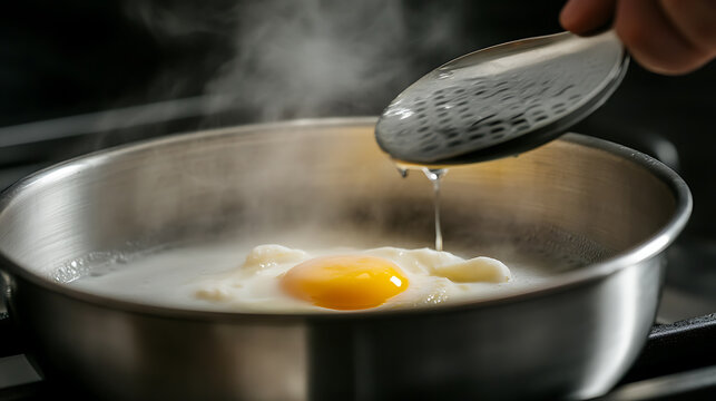 A sunny-side up egg frying in a pan, with a slotted spoon drizzling oil over the egg, creating steam. Culinary arts, cooking eggs, protein-rich meal, breakfast, or brunch inspiration.