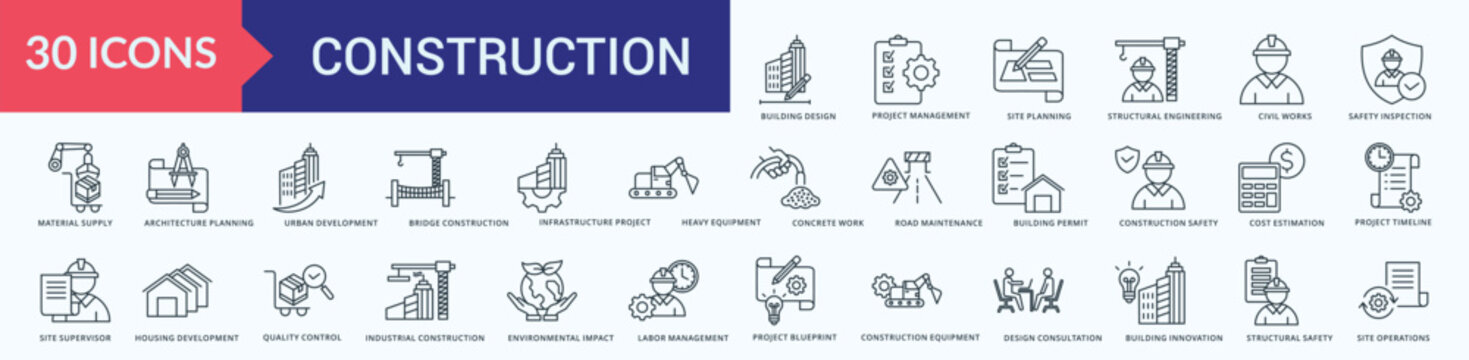 Construction Icon Pack Outline Illustration Vector with  building, design, project, management, site, planning, structural, engineering, civil, works, safety, inspection, material