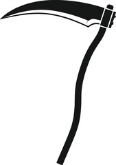 Grim reaper scythe illustration, death symbol weapon, dark horror icon, medieval farming tool silhouette, vector isolated white background design art