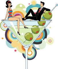 A man in a suit and a woman in a swimsuit relax on a large martini glass. They enjoy a festive atmosphere with colorful circles around them, suggesting a fun party scene.