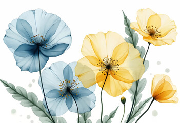 A collection of vibrant flowers in blue and yellow hues is showcased against a clean background. The blossoms feature soft petals and detailed centers, creating a serene atmosphere.