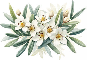 A delicate composition of white blooms surrounded by lush green leaves showcases nature's beauty, ideal for decorations or as a centerpiece, and evokes tranquility.