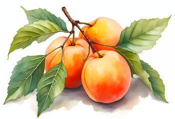 Three ripe apricots hang on a branch with bright green leaves, showcasing their vibrant orange color and smooth texture in a detailed artistic representation.