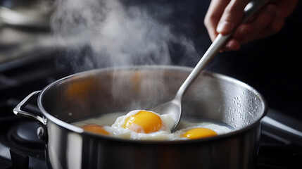 A culinary scene unfolds with eggs poaching in a simmering pot on the stovetop, their yolks glowing warmly beneath a swirling veil of steam, tended by a steady hand with a spoon.