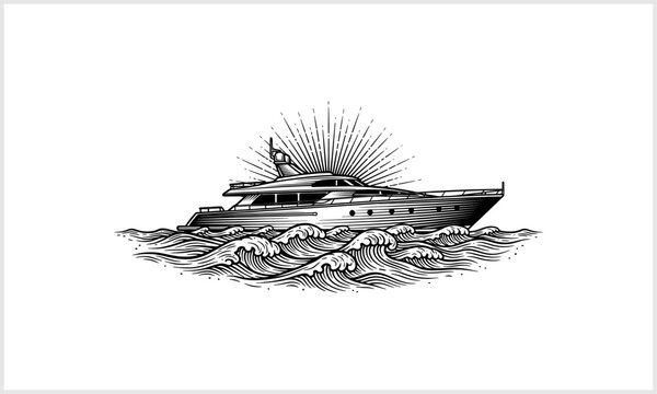 Maritime Voyage: An impressive illustration of a luxurious yacht sailing through undulating waves under a radiant sunburst, capturing the essence of opulence, travel, and the open sea.