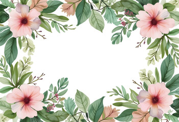 Delicate pink hibiscus flowers and vibrant green leaves create a charming border design ideal for invitations, stationery, or graphic projects. Perfect for adding a natural touch.
