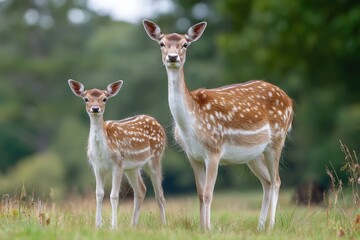 Two fallow deer, a mother and fawn, stand facing forward in a grassy field