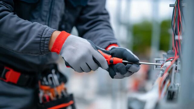 265Macro shot of protective gloves handling wires for socket installation, close-up on hands, screwdriver, and screws, soft bokeh home background emphasizing safe electrical maintenan