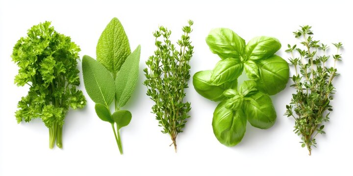 Vibrant Garden Herbs Displayed on Clean White Canvas: Parsley, Basil, and Thyme in Fresh Green Glory