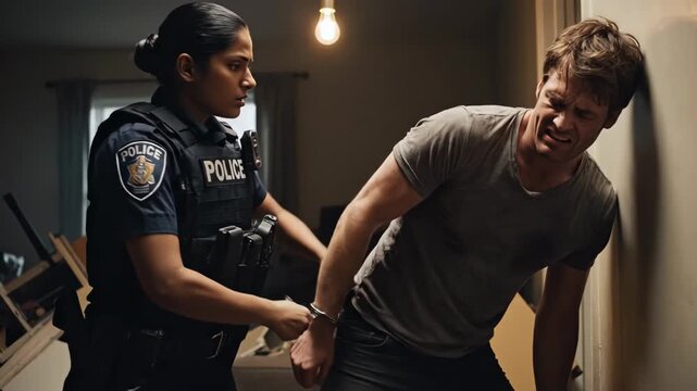 Law Enforcement in Action: Police Officer Arresting a Suspect in a Chaotic Room, showcasing the