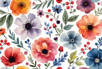 This lively design showcases a variety of flowers, including anemones and daisies, intertwined with delicate leaves and berries, creating a joyful atmosphere.