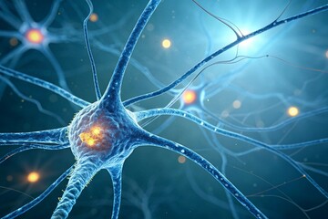 A futuristic neural network illustration showing human neurons, electrical signals, and brain activity, symbolizing artificial intelligence, neuroscience research, medical technology, and advanced.