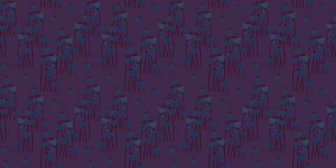 Purple botanical pattern for textile fabric. Blue poppy seed pods, wildflowers, and wild forest herbs. Spring plants horizontal print. Nature wallpaper.