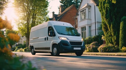 Modern Delivery Vehicle Navigating a Scenic Suburban Landscape. Postal Service in Action with No Passengers Visible