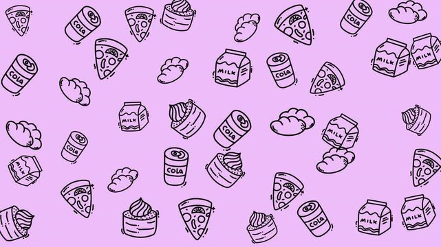Doodle food pattern with pizza, cola, milk, and pastry. Perfect for menus, food blogs, and packaging designs needing a whimsical touch.