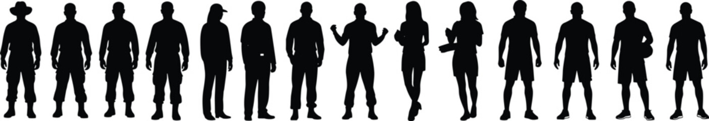 People silhouette standing poses set isolated on white background, diverse human figures collection, casual clothing styles, minimal vector illustration