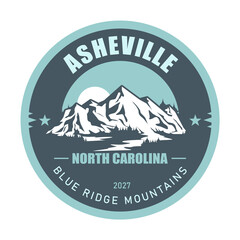 Asheville ski resort, North Carolina, Blue Ridge Mountains USA, emblem with snow-covered mountains, vector