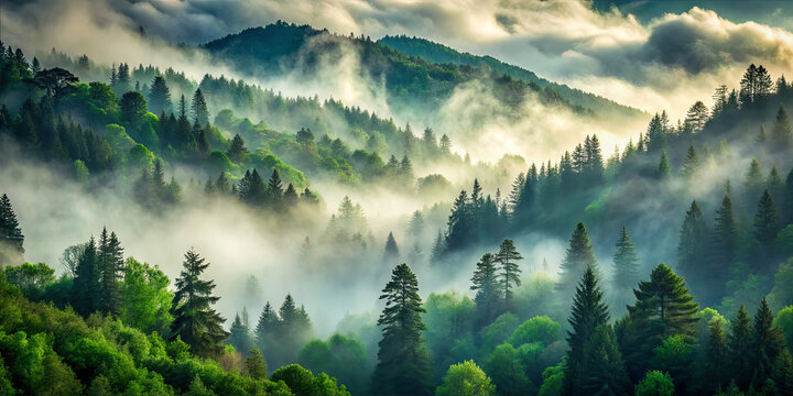 Mist covers green trees and mountains during morning light in a forest landscape