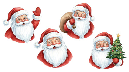 Watercolor Santa Claus Character Set, Cute Hand Painted Christmas Illustrations Isolated on White Background