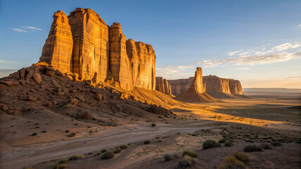 Sunset over cliffs and rock formations in a desert landscape near Monument Valley in the late afternoon hours