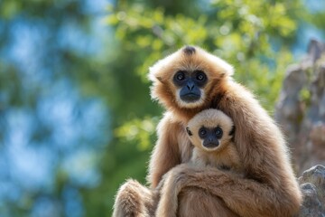 Close-up of a  baby and adult golden snub-nosed monkey