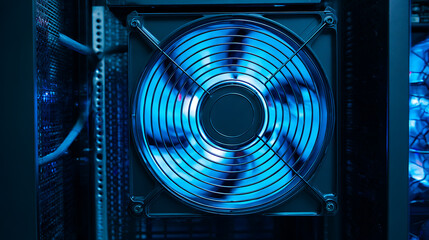 Cooling fan in a server room, ensuring optimal operating temperatures. Essential infrastructure for data centers and IT environments, maintains reliable performance.