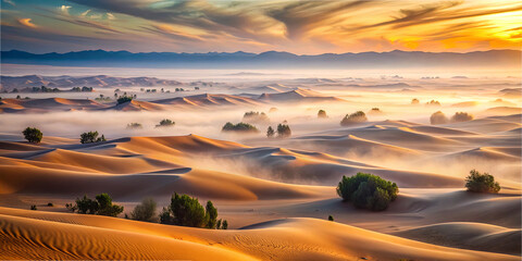 Sunrise over desert landscape with sand dunes and mist rising in the early morning light