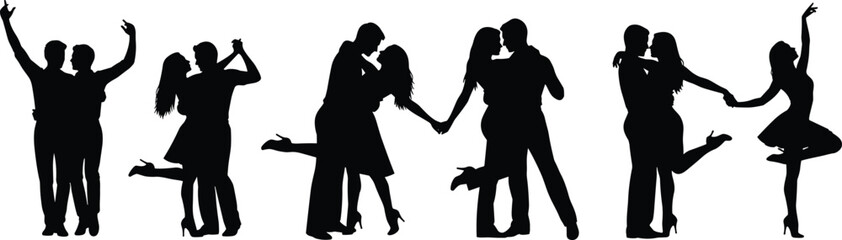 Romantic Dancing Couples Silhouettes, Love and Passion Poses, Ballroom Dance, Relationship Moments, Elegant Male Female Figures, Black Vector Illustration Collection