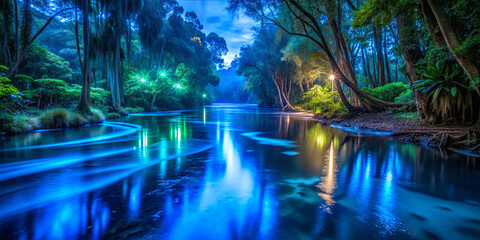 Colorful lights reflect on a river surrounded by trees during evening hours