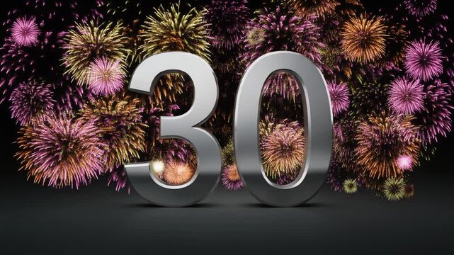 Silver number 30 with fireworks in the background. Festive scene for birthday or anniversary party