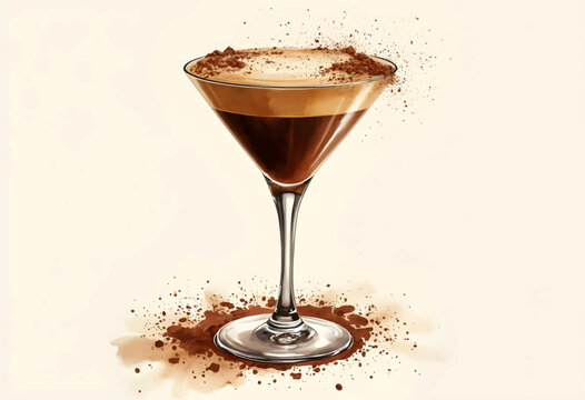 A sophisticated coffee cocktail sits elegantly in a clear glass, topped with a frothy layer and a sprinkle of cocoa powder. The drink exudes a warm, inviting ambiance, perfect for relaxation.