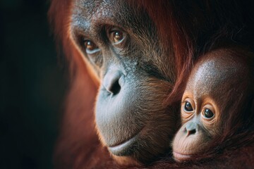 Close-up of orangutan mother and infant