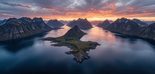 Scenic view of a mountain island at sunset with calm waters and rugged landscape in the background