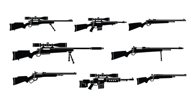 Collection of various silhouette sniper rifles and long firearms displayed in rows
