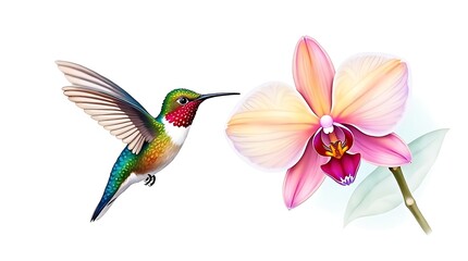 Naklejka premium Watercolor Nature Study: A vibrant hummingbird with blurred wings and a rich, textured orchid featuring soft watercolor bleeds.