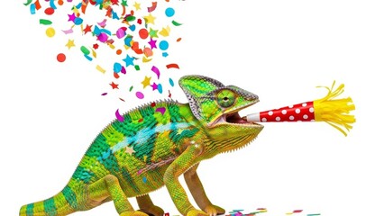 Naklejka premium hameleon with a party noise maker in it's mouth, celebration, fun, on a white background, animal photo, blowing