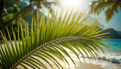 Palm tree leaf close to the ocean with sun shining during afternoon near tropical beach
