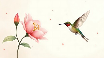 Naklejka premium Translucent Grace: A minimalist and ethereal watercolor study of a hummingbird with delicate brushwork and artistic transparency.