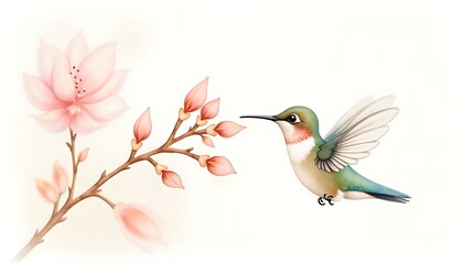 Naklejka premium Soft Bloom Melody: A vibrant yet gentle watercolor art piece showcasing a hummingbird and a blossoming flower in a dreamy style.