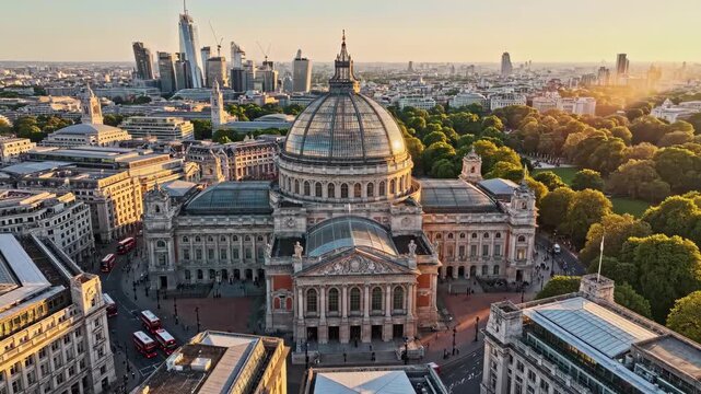 London cityscape showcasing the Royal Albert Hall and surrounding urban landscape at sunset