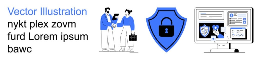 Cybersecurity, online privacy, secure transactions, enterprise collaboration, identity verification, digital safety. Business professionals shaking hands, shield icon, security dashboard