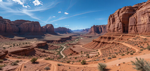 Landscape view of a desert valley with rock formations and winding river in the daytime