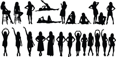 Woman silhouette illustration set, expressive and relaxed poses, fashion and gesture styles, black vector artwork, white background
